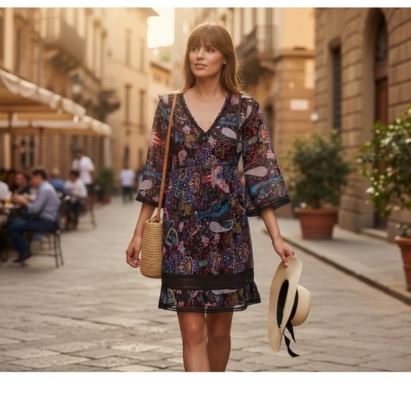 Ranna Gill Dresses & Skirts - Ranna Gill Anthropologie Viola Kimono Dress Paisley Mini Black Size 4